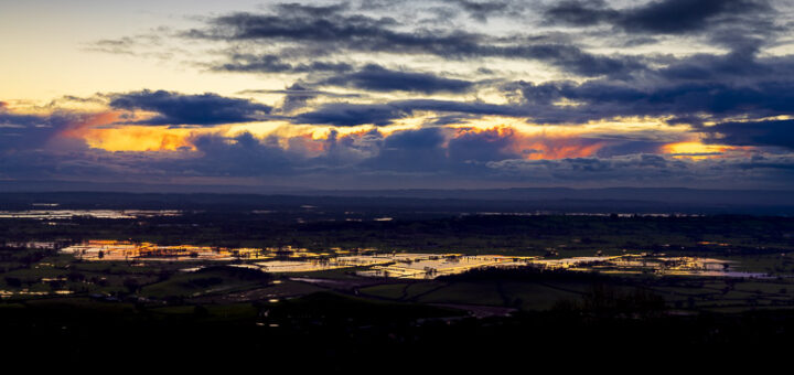 Flooding across the Axe Valley - From Lynchcombe, Mendip Hills, Somerset, UK. ID JB_5551